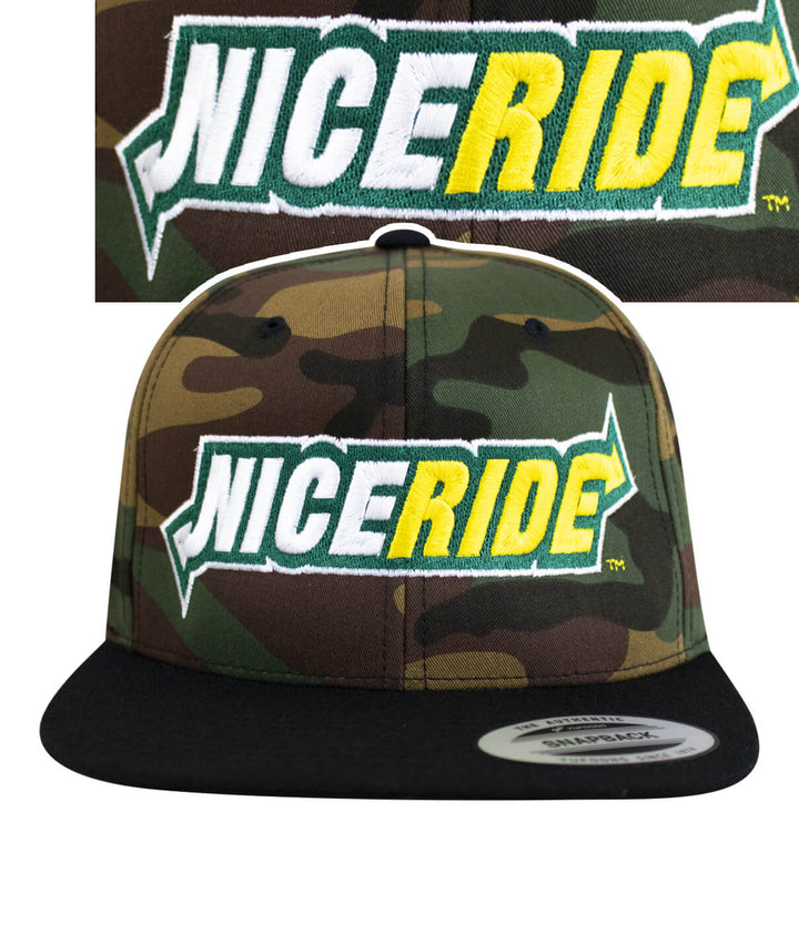 Image of a NICERIDE 3 Inch Snapback Hat featuring a camo pattern and embroidered logo on the front.
