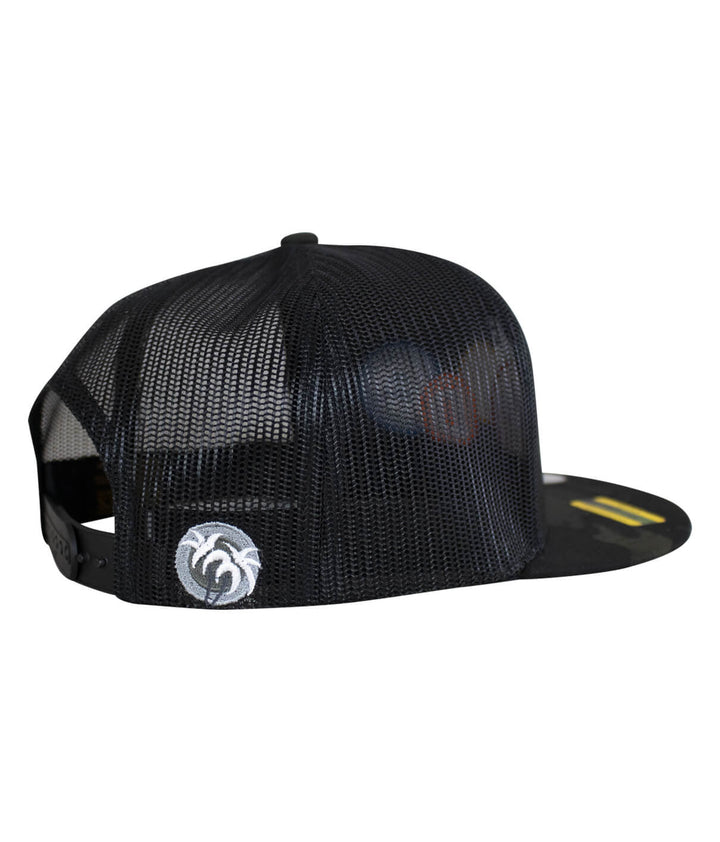 Back view of the "Nikki" Trucker Hat featuring palm logo and mesh design.