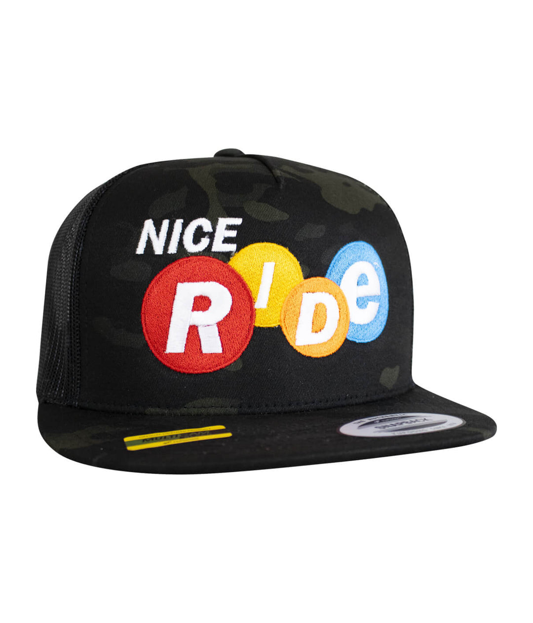 Nikki Trucker Hat featuring NICERIDE design embroidered on front in multi-color against a camo background.