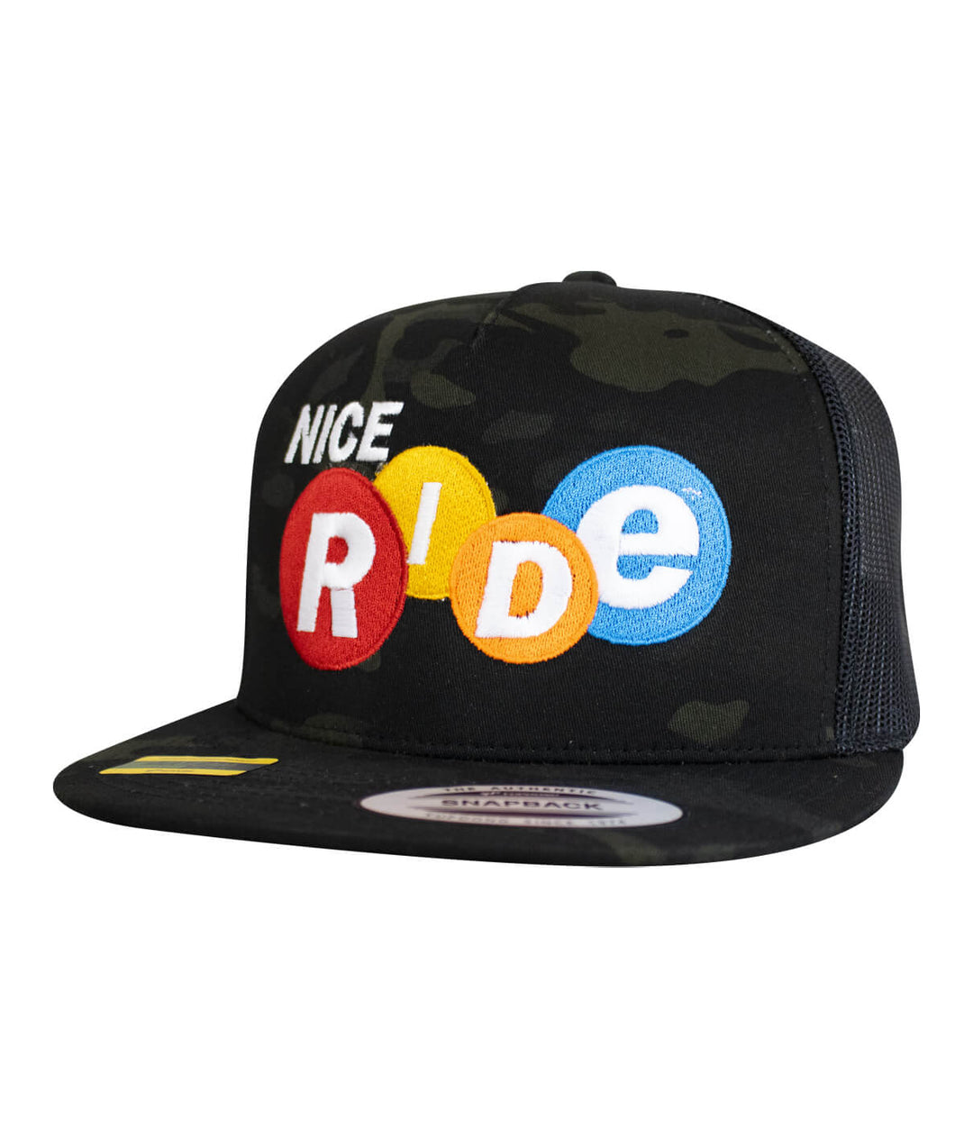 Nikki Trucker Hat featuring NICERIDE design embroidered on black camouflage snapback cap.