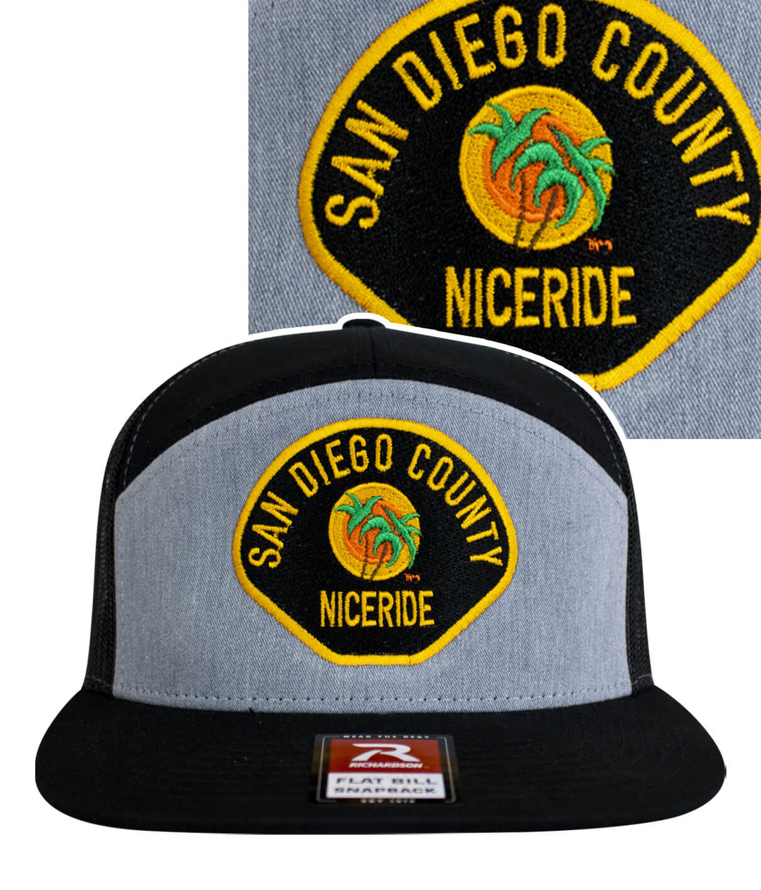 The Badge 7 Panel Trucker Hat featuring NICERIDE design and San Diego County logo, perfect for style and comfort.