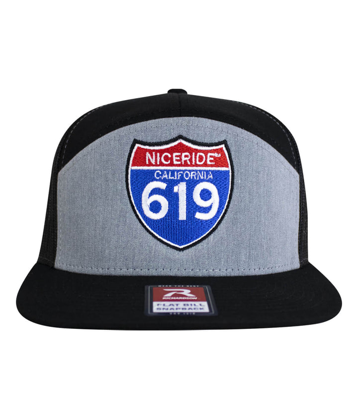 Interstate 619 7 Panel Trucker Snapback Hat For Men And Women with NICERIDE design and California 619 patch.