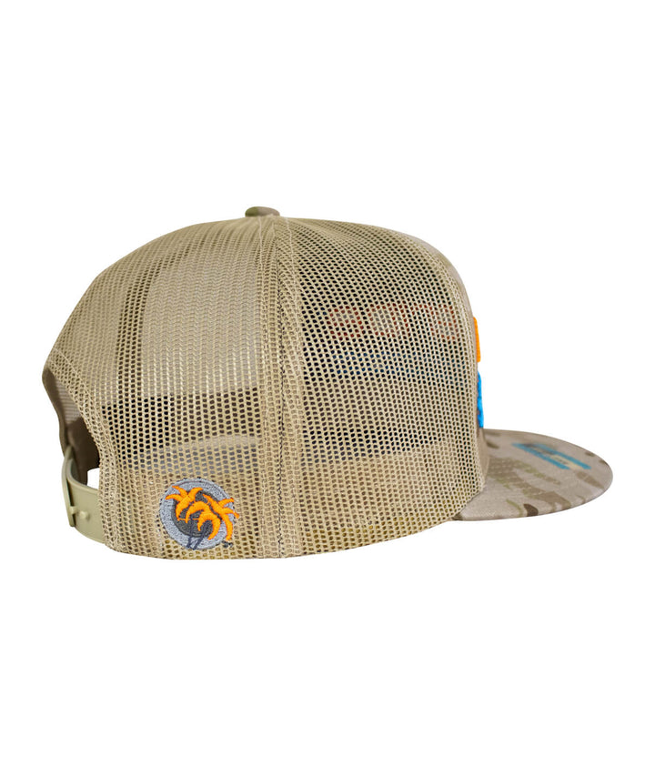 On The Water unisex trucker baseball cap featuring a mesh back and Blacked Out Classic Palm Logo design.