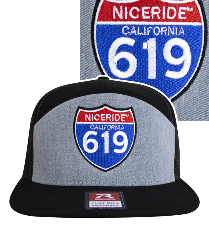 "Interstate 619" 7 Panel Trucker Snapback Hat For Men And Women with NICERIDE logo and California design.