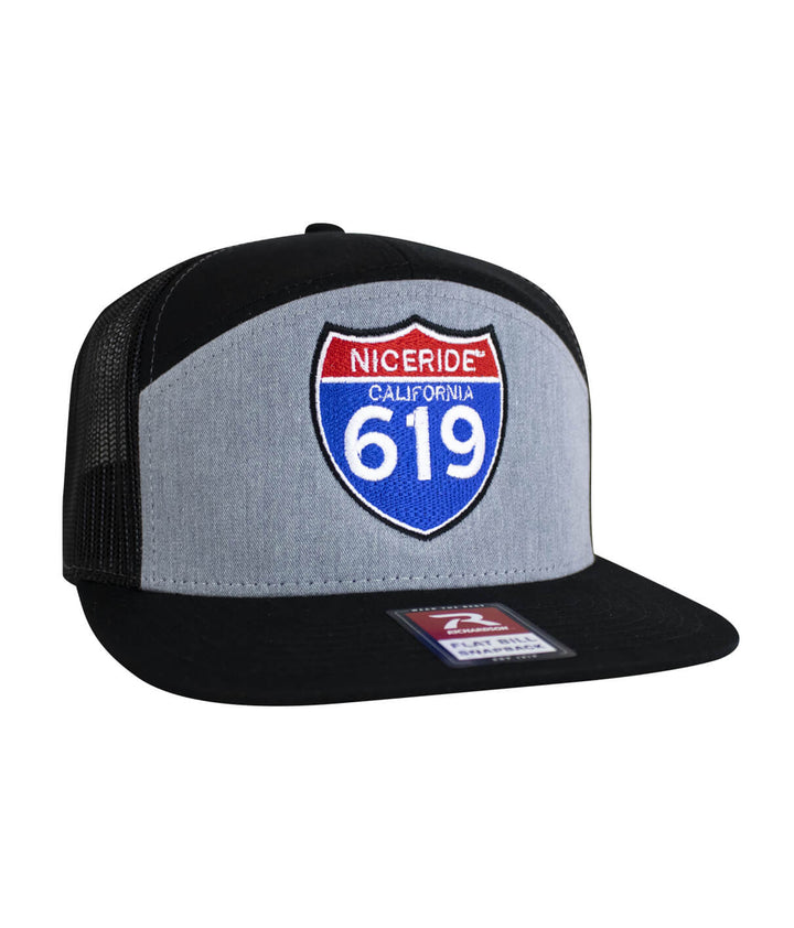 Interstate 619 7 Panel Trucker Snapback Hat For Men And Women featuring NICERIDE design with embroidered logo.