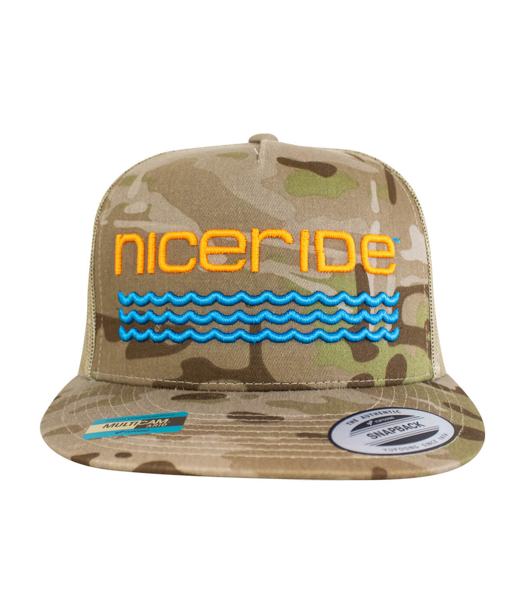 Unisex NICERIDE Hat featuring camo pattern with vibrant orange logo and blue wave design on front panel.