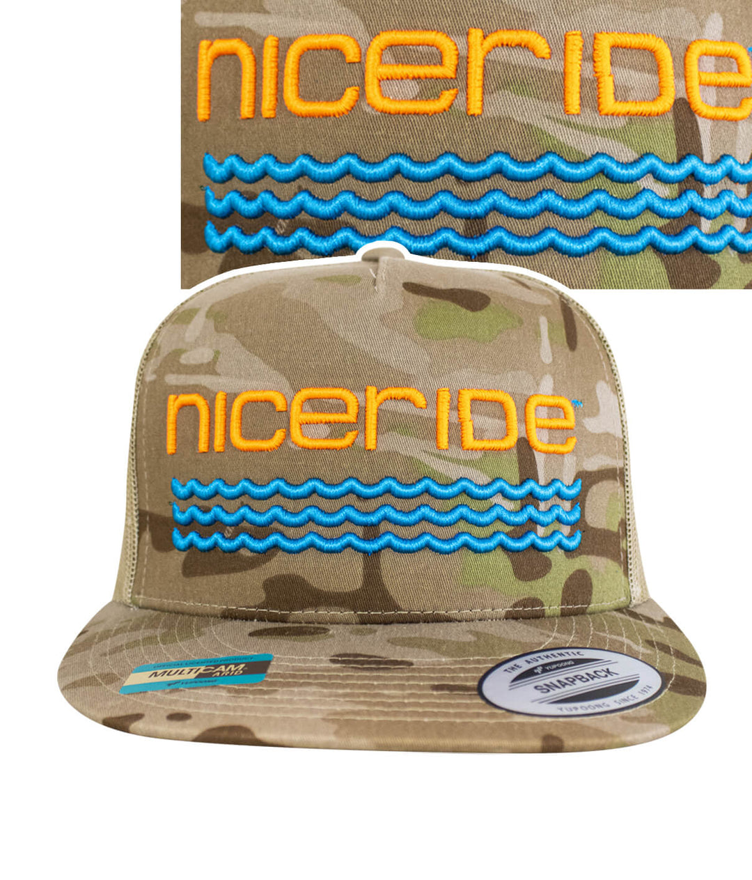 Hat featuring camo design with 'nicERide' embroidery and waves, perfect for outdoor enthusiasts.