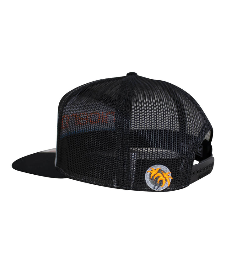 On The Water 3D center trucker snapback cap showing black mesh back and palm logo embroidery.