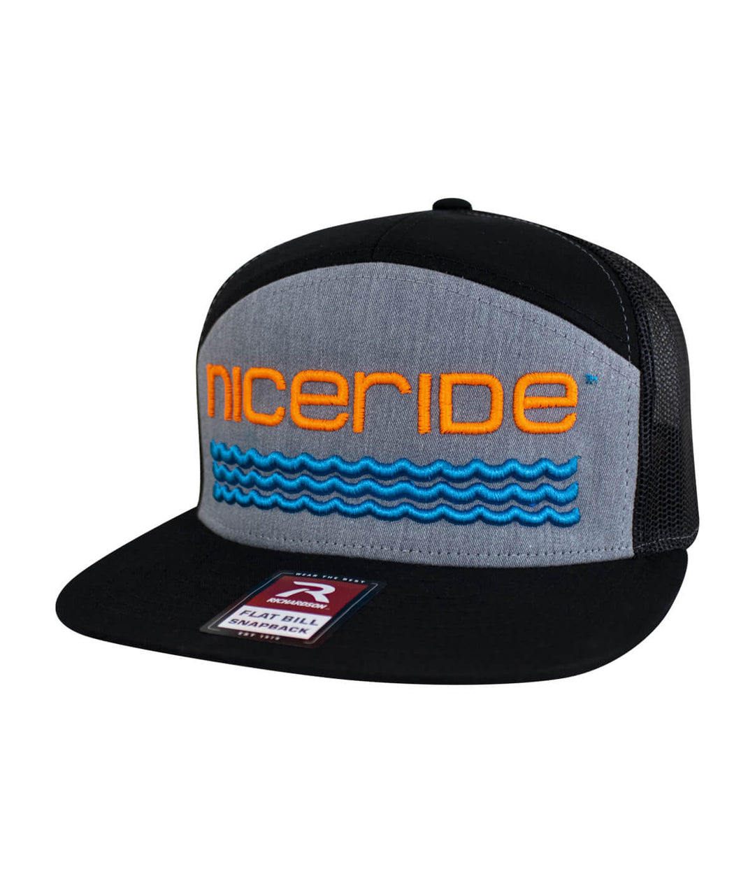 3D center trucker snapback cap by NICERIDE in gray and black with neon orange logo and wave design