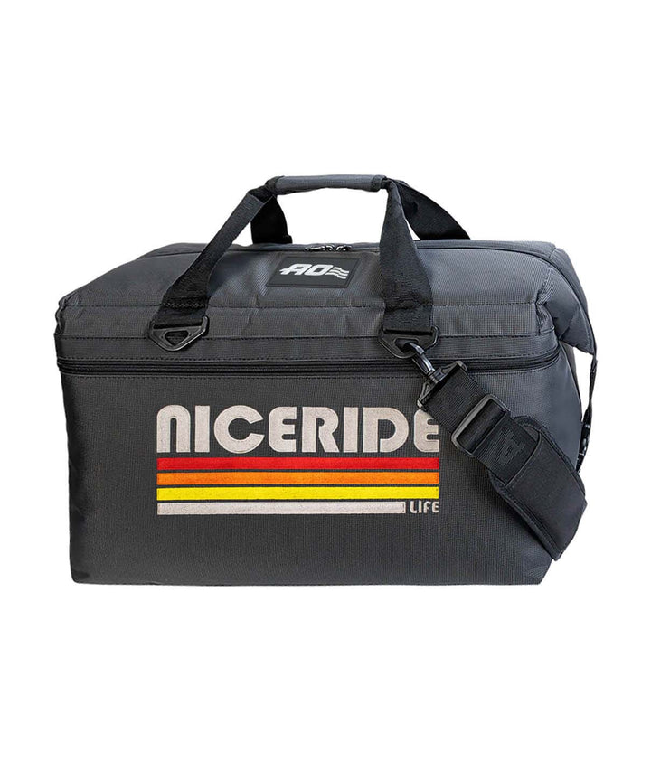Black NICERIDE soft sided cooler bag with embroidered logo and shoulder strap, ideal for rugged use.