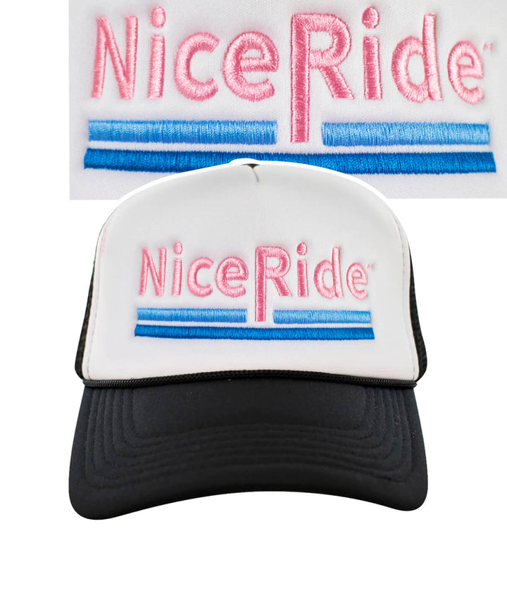 Low Tide Foam Trucker baseball hat featuring NICERIDE embroidered design on front and back.