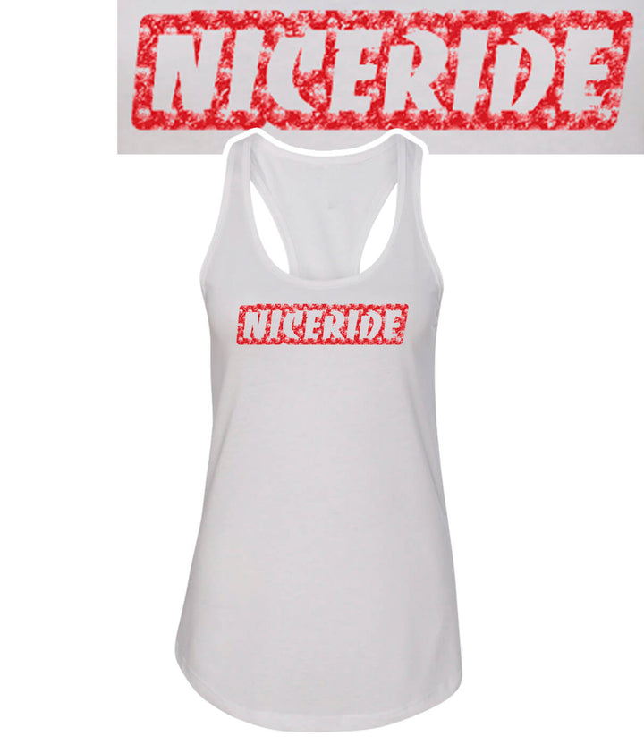 Venice black or white tank top featuring NICERIDE logo on front and racerback design, perfect for casual wear.