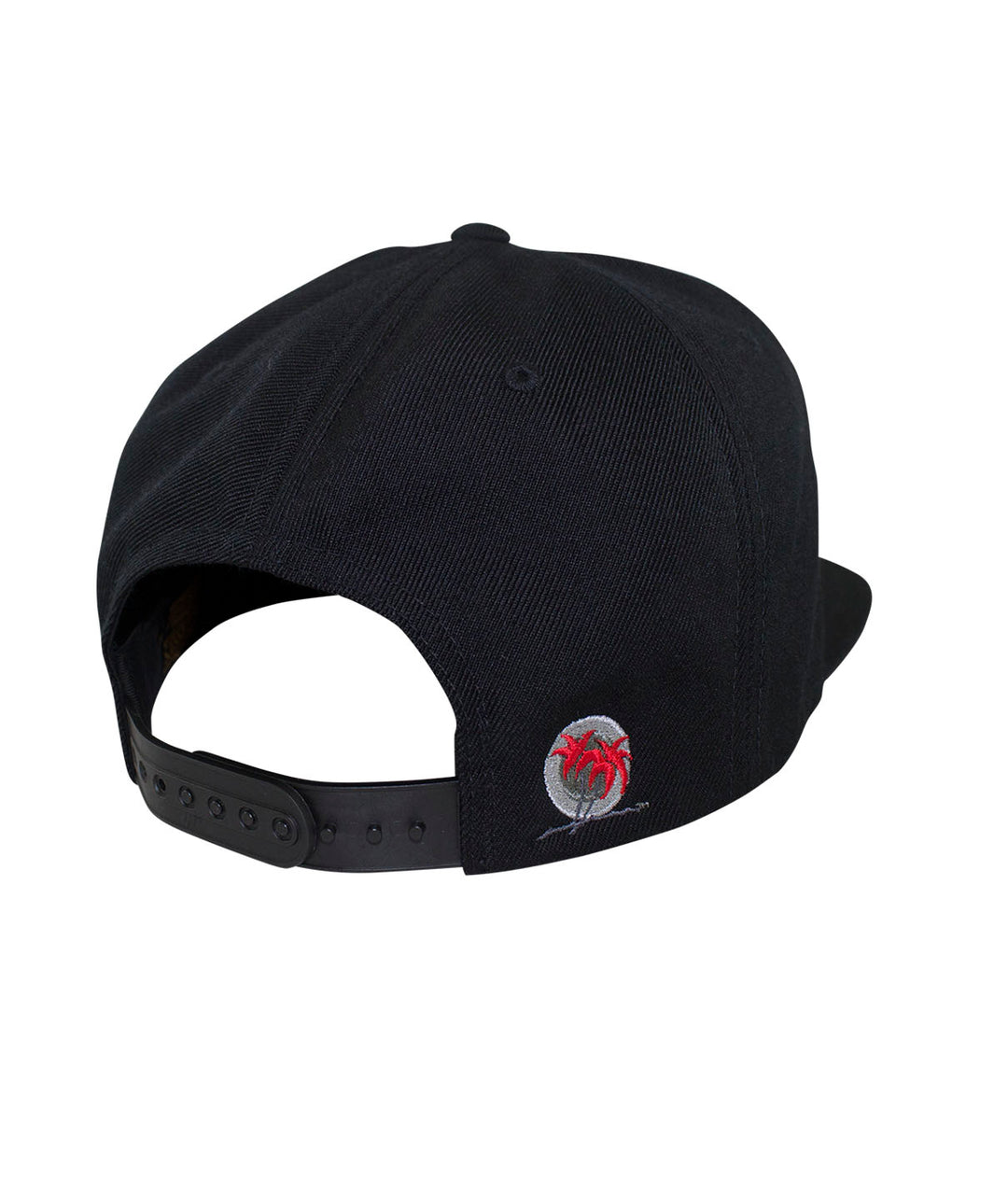 Back view of a Tower Patch Snapback Hat showcasing the embroidered blacked out palm logo.
