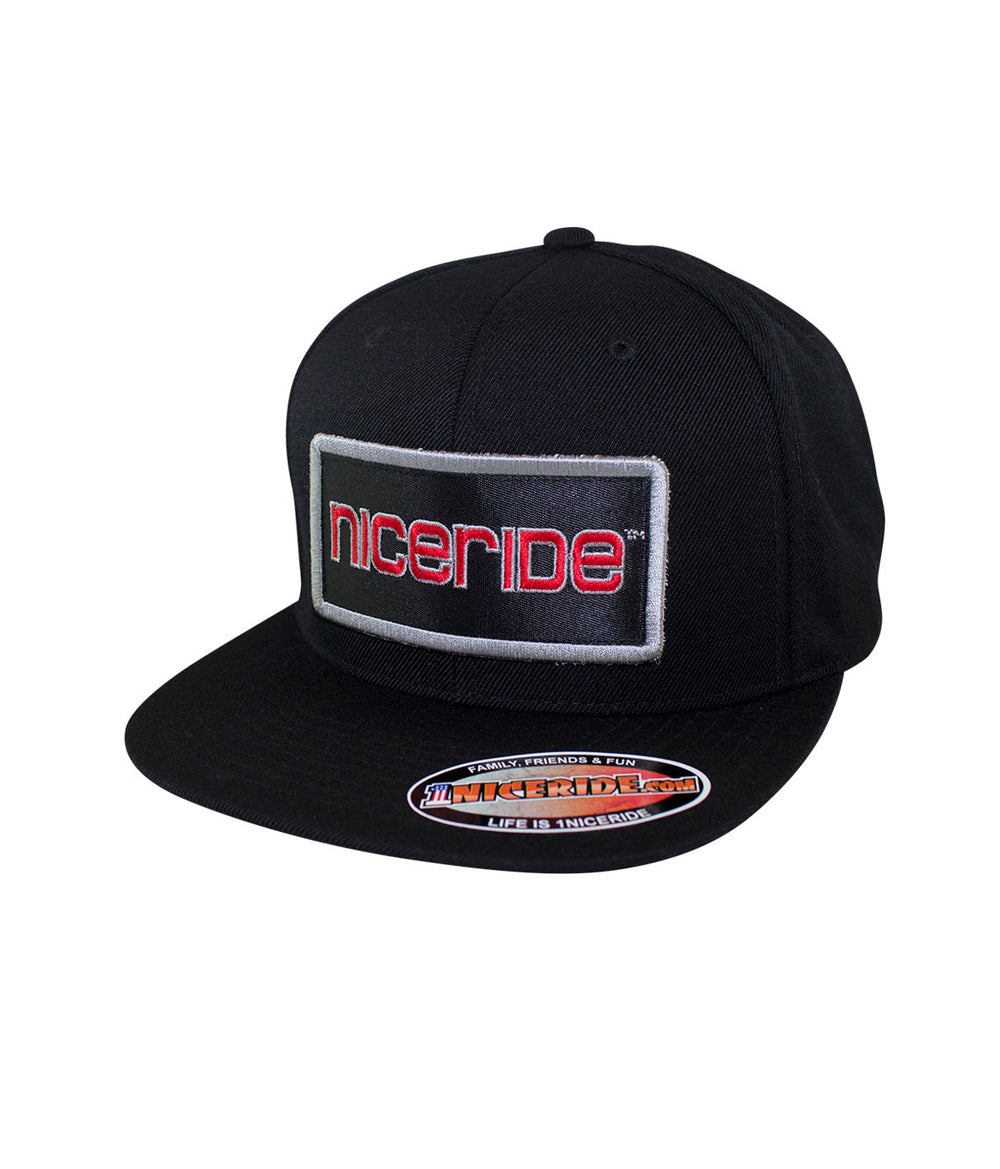 Tower Patch snapback hat from NICERIDE featuring embroidered logo, classic black baseball cap design.