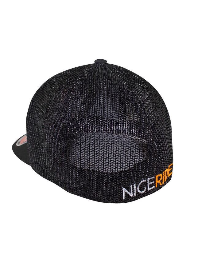 N-R Orange Meshback Flexfit Hat showing NICERIDE logo on the back, ideal accessory for outdoor activities.