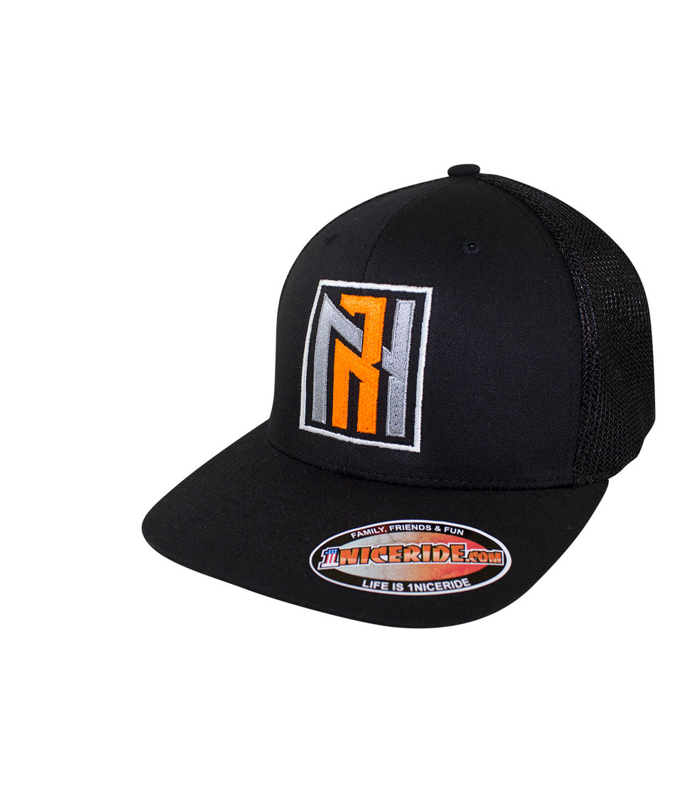 N-R Orange Meshback Flexfit Hat featuring embroidered NICERIDE logo, perfect baseball cap for casual wear.