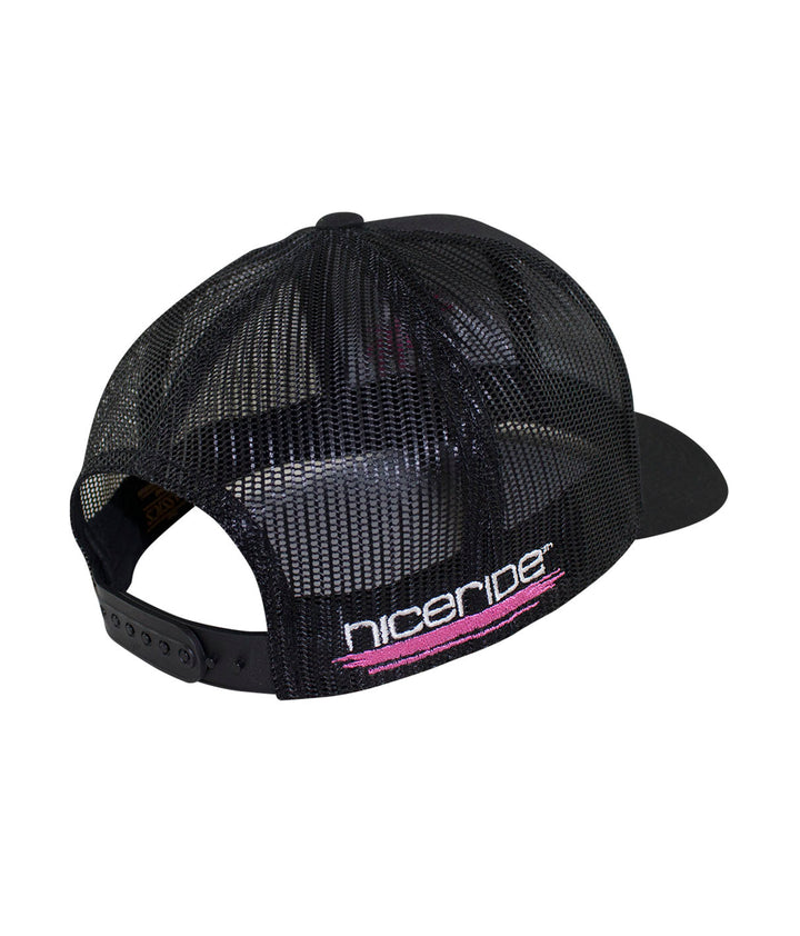 Back view of the hat featuring NICERIDE logo embroidered in pink on a black mesh trucker cap.
