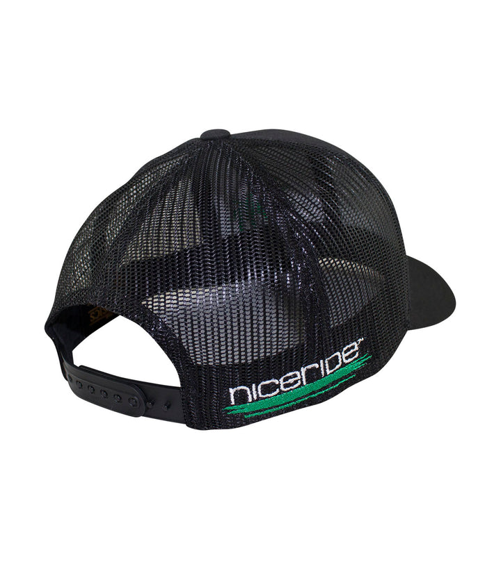 Back view of NICERIDE Retro Trucker Hat, showcasing the embroidered logo and mesh design, perfect hat for outdoor activities.
