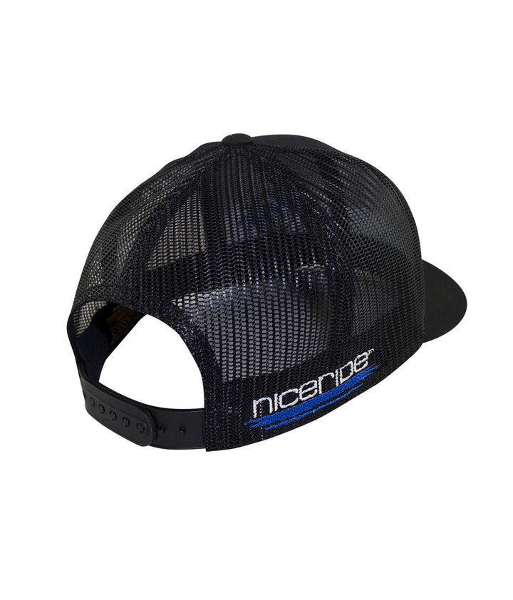 Back view of the Blade Retro Trucker Hat with NICERIDE logo in colored accents, perfect hat for casual wear.