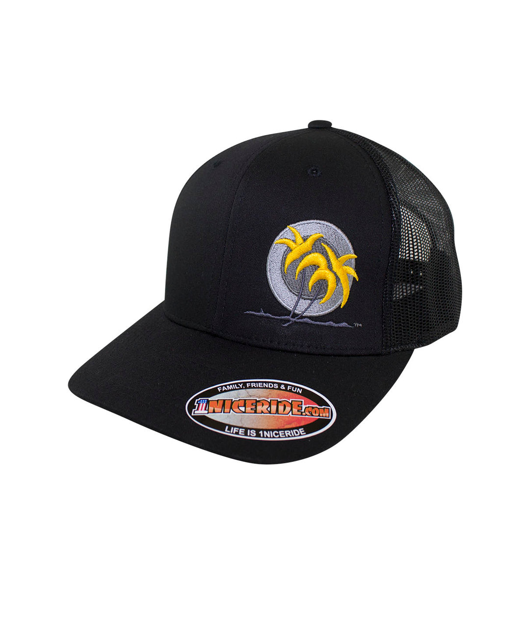 Blade Retro Trucker Hat with blacked out palm logo and colored leaves, featuring NICERIDE embroidery.
