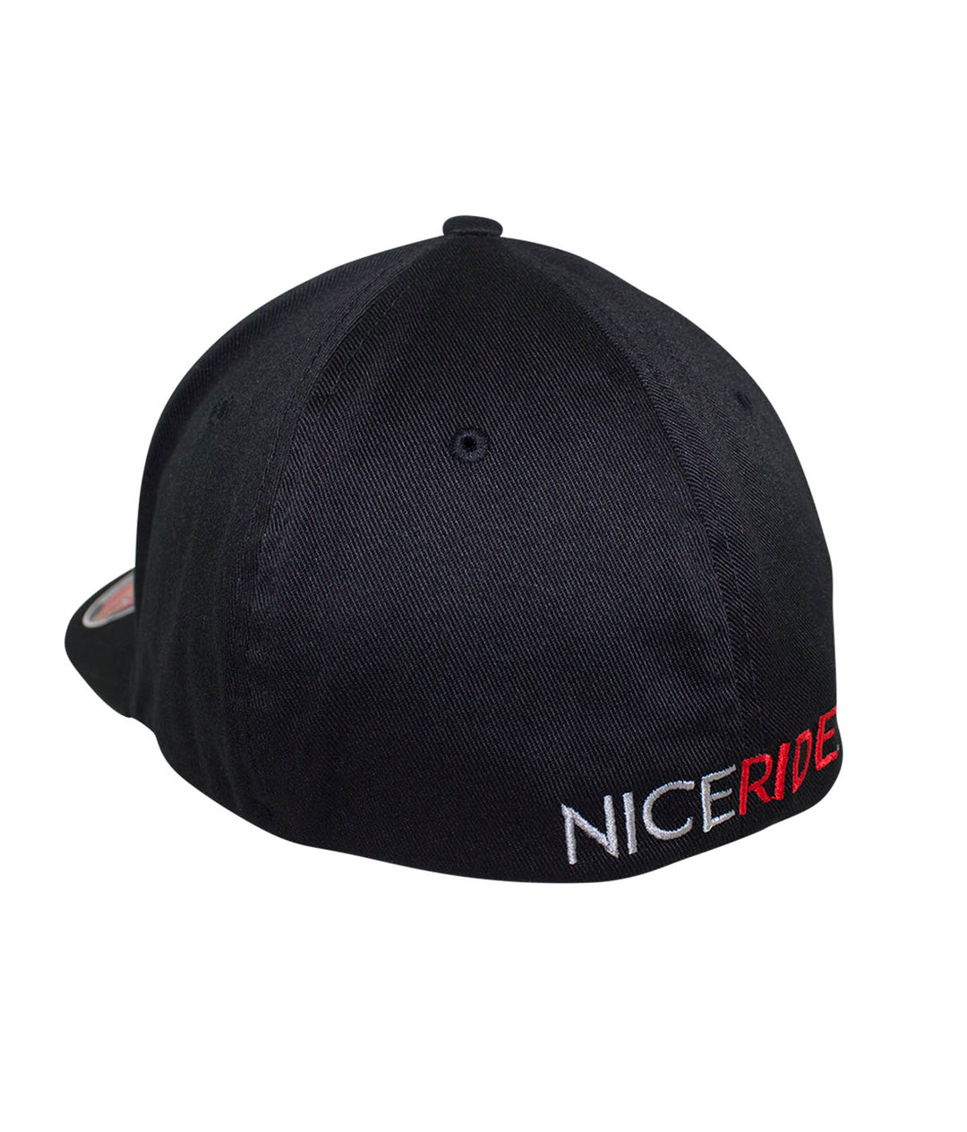 Back view of N-R Red Classic Flexfit Hat showcasing NICERIDE embroidery on a black cap.