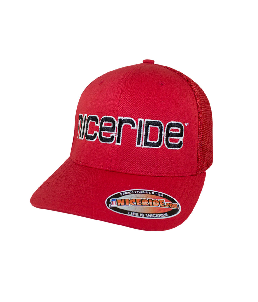 Bold Tower Meshback Flexfit Hat with NICERIDE logo embroidered in red and black.