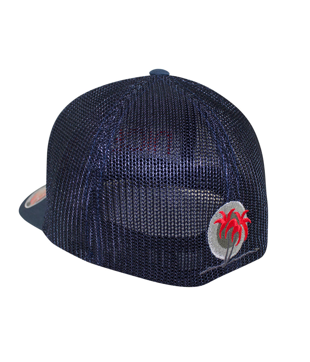 Back view of the Bold Tower Meshback Flexfit Hat showcasing the palm logo and flexible mesh design on a dark background.