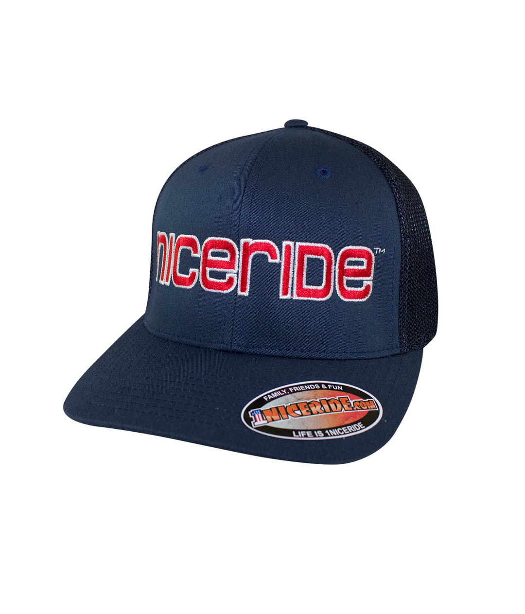 NICERIDE Bold Tower Meshback Flexfit Hat, adjustable baseball cap with logo, made in USA.