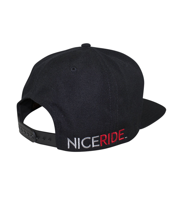 Black N-R snapback hat featuring NICERIDE embroidered logo on the back panel.