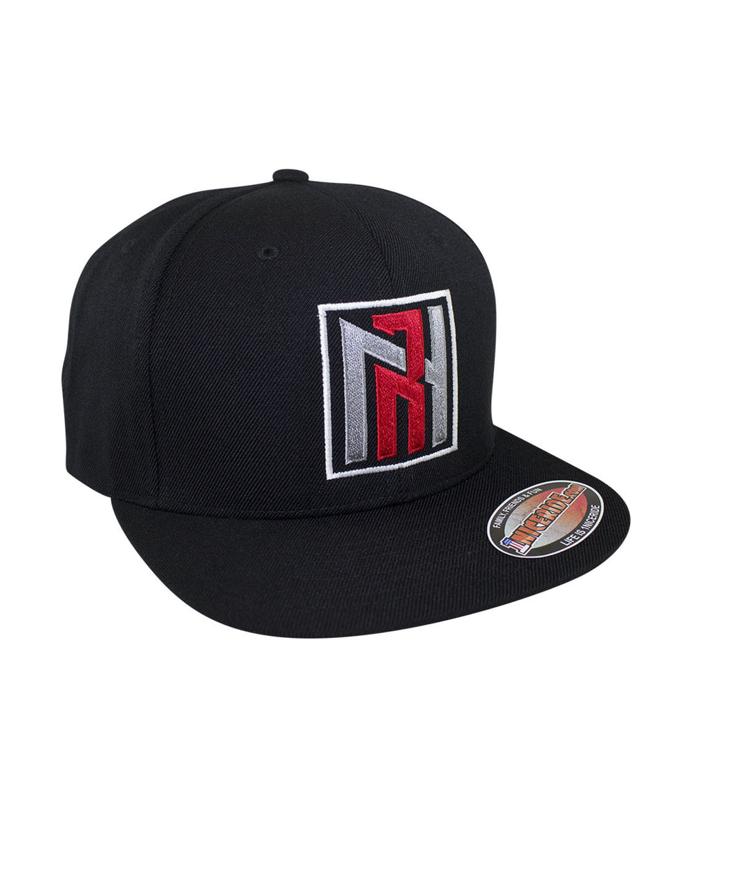 N-R snapback hat featuring embroidered logo design in black and red color scheme.