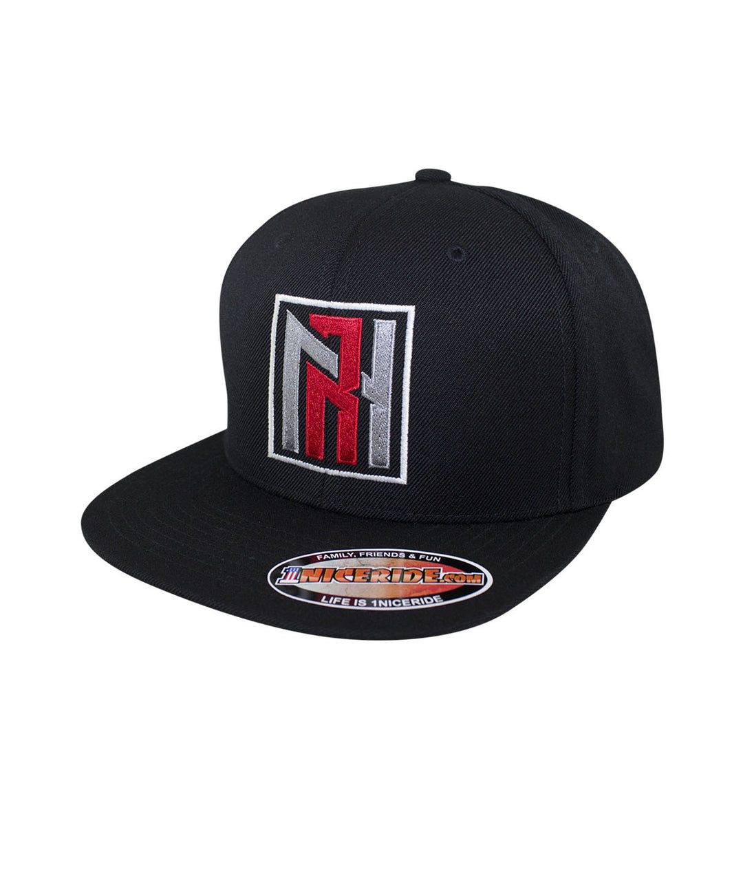 N-R snapback hat featuring embroidered logo on front and side, classic baseball cap style, black color.
