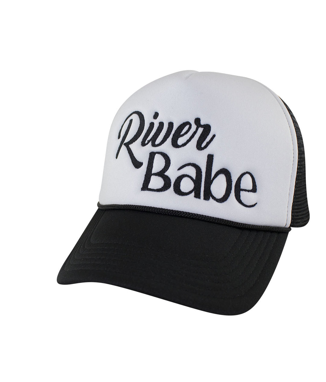 River Babe foam trucker cap with embroidered text, perfect for river enthusiasts.