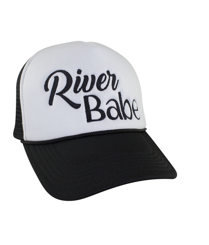 River Babe Foam Trucker Cap with embroidered text, perfect for river lovers and outdoor activities.