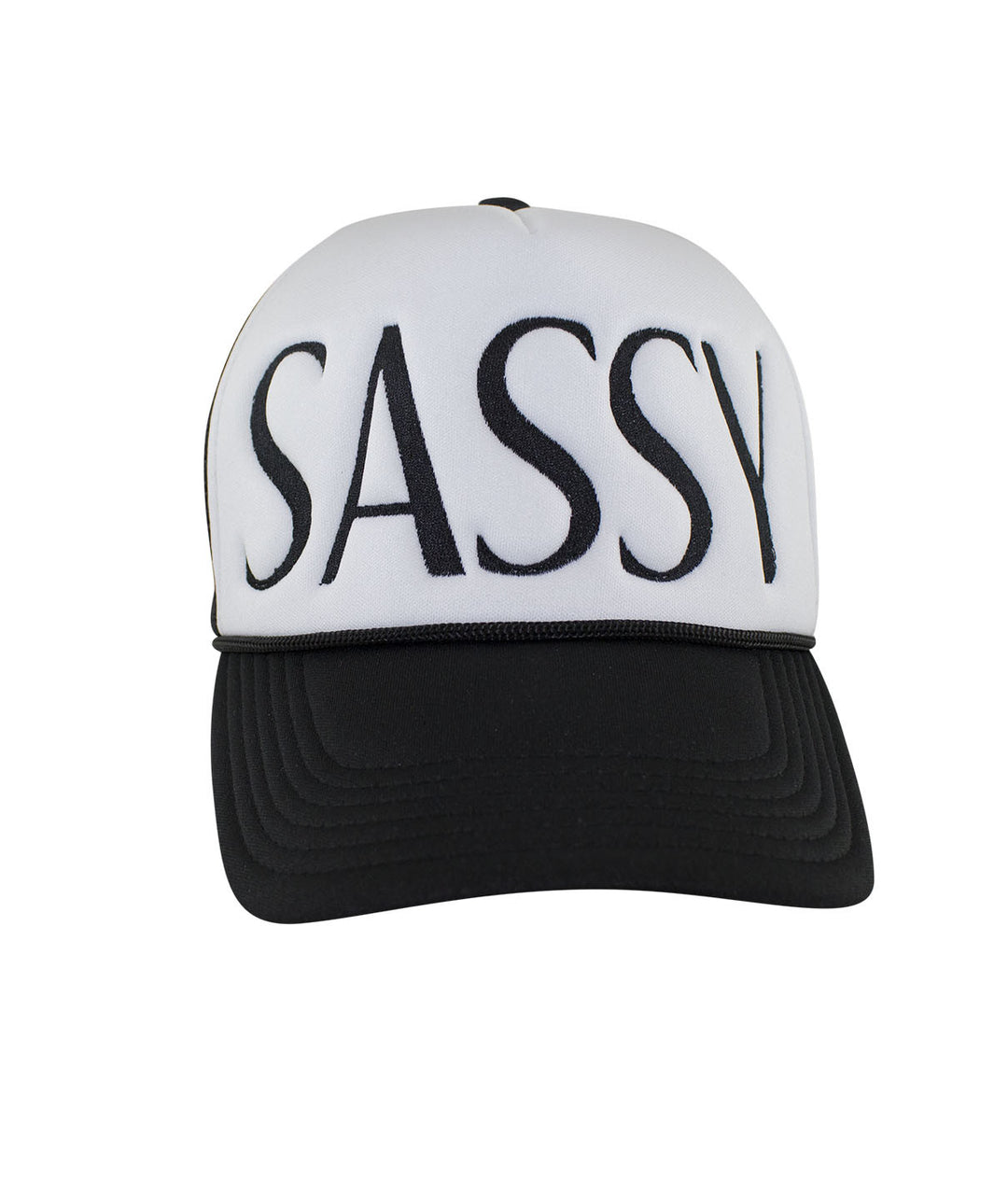 Foam trucker cap featuring "Sassy" embroidered on the front panel, perfect for stylish casual wear.