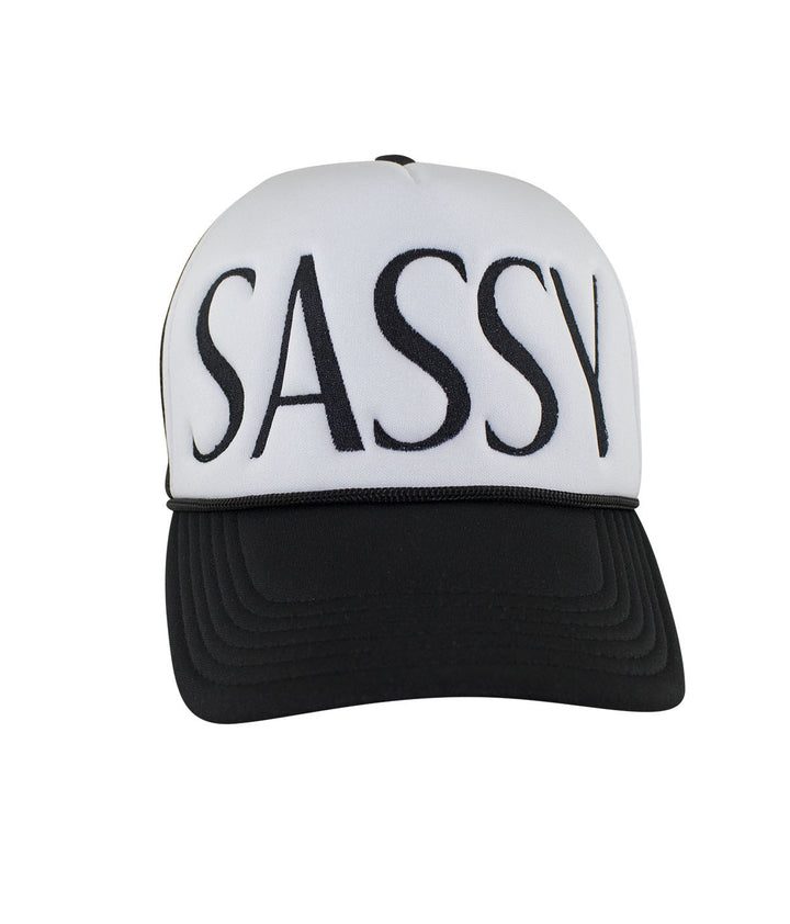 Foam trucker cap featuring "Sassy" embroidered on the front panel, perfect for stylish casual wear.