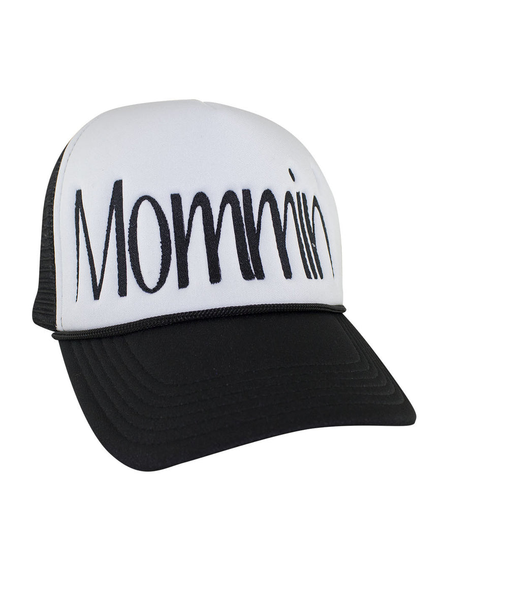 Mommin' Foam Trucker Cap with embroidered text on front panel and black brim.