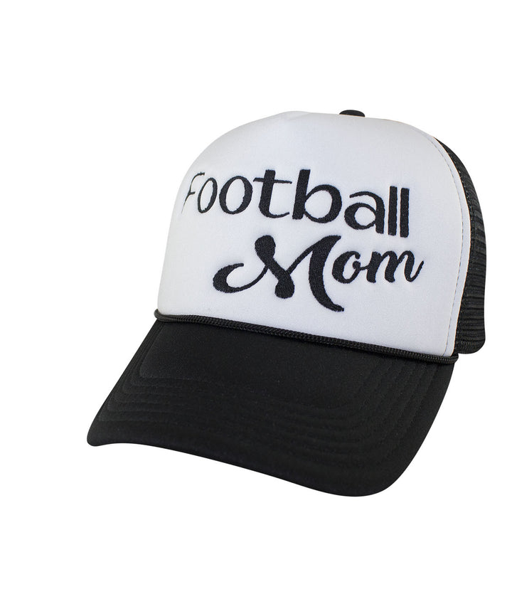Football Mom foam trucker hat with black and white design, perfect for football enthusiasts.