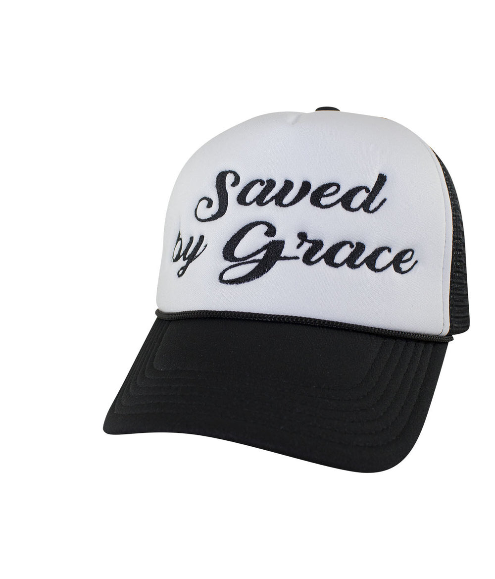 Saved by Grace foam trucker hat featuring embroidered design, perfect for casual wear.