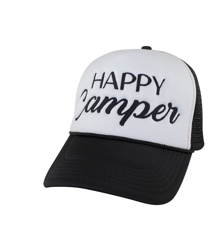Happy Camper foam trucker hat with embroidered text on the front, designed and made in the USA.