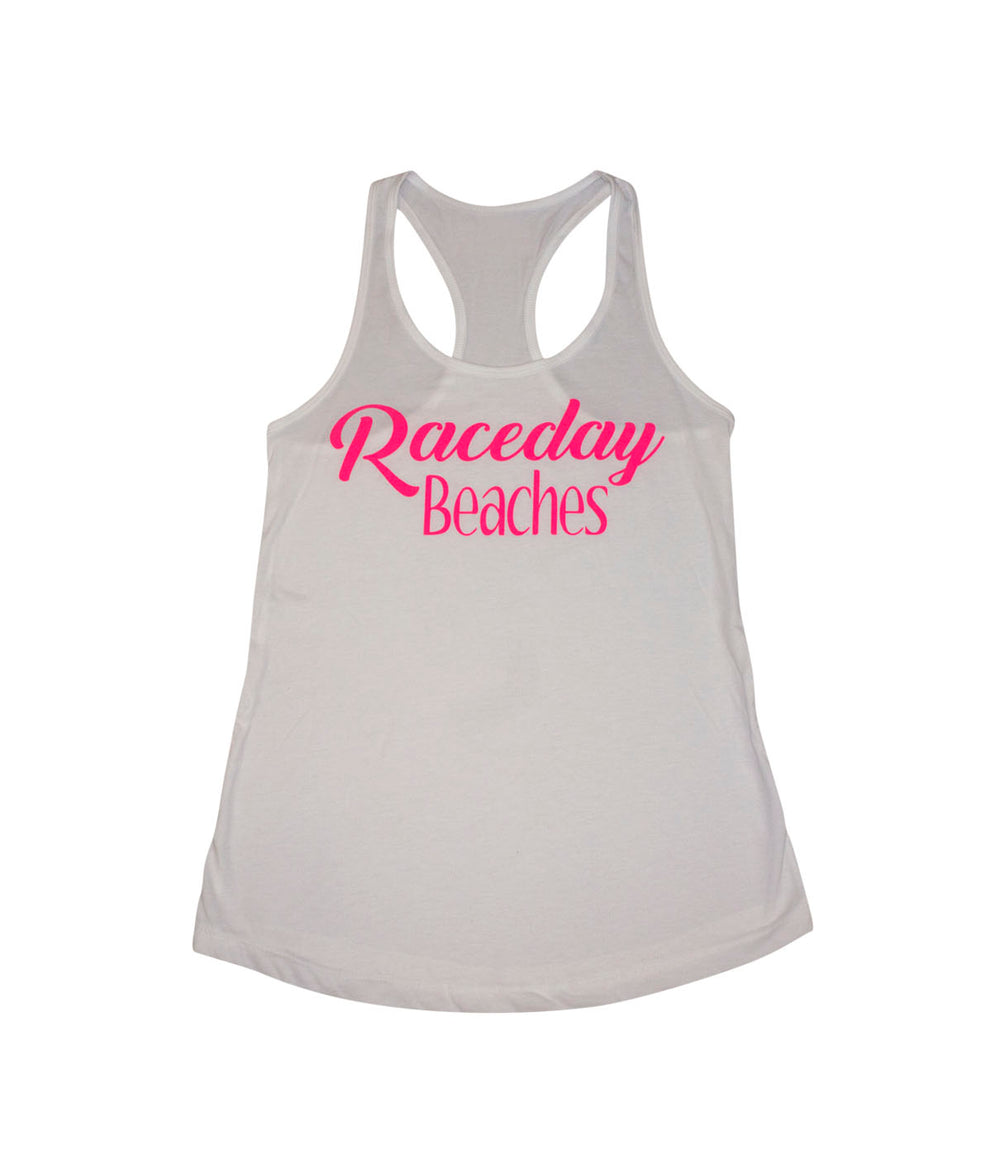Raceday Beaches tank top featuring a pink logo on a white Next Level women's racerback tank top.