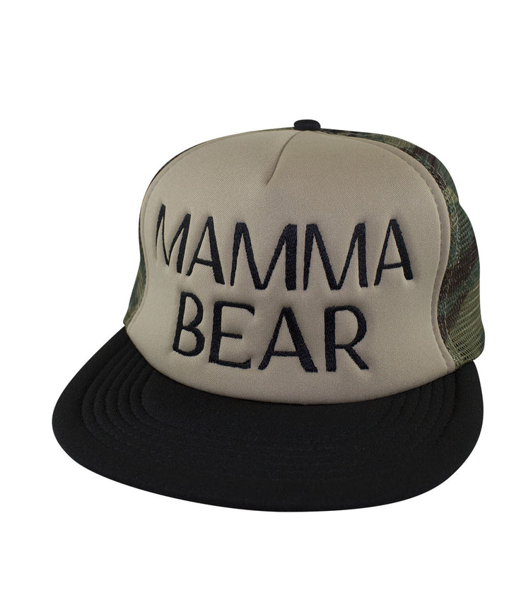 Mamma Bear Camo Foam Trucker Hat with embroidered text, perfect stylish hat for outdoor activities.