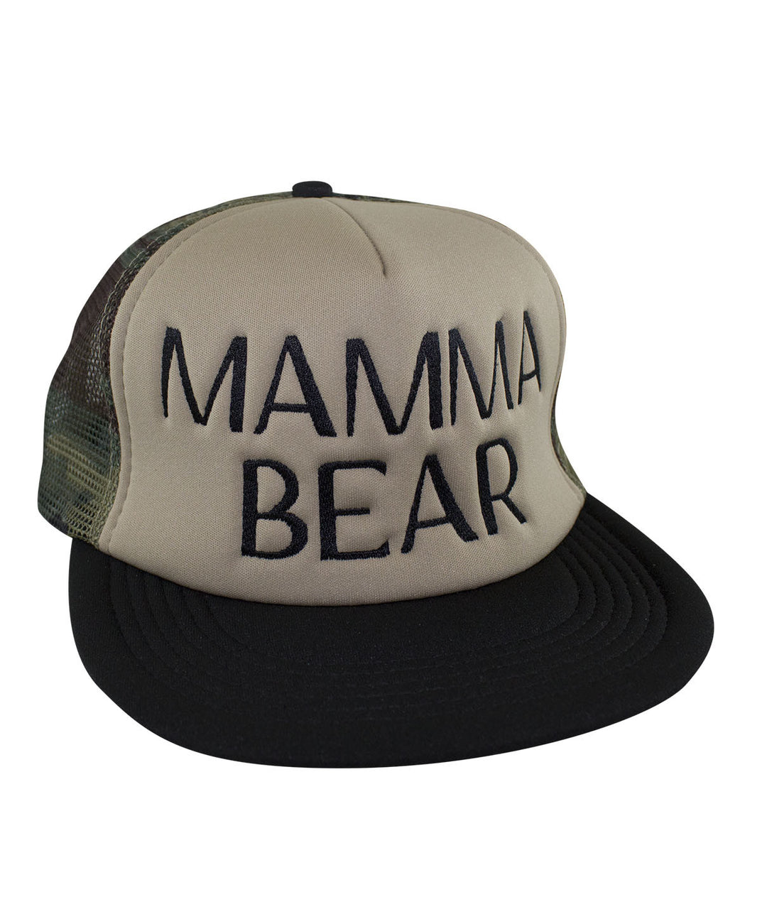 Mamma Bear camo foam trucker hat, a stylish baseball cap for outdoor enthusiasts.