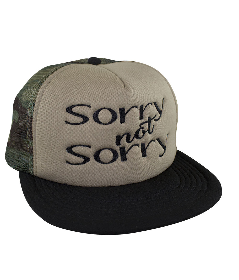 Camo Foam Trucker Hat with 'Sorry not Sorry' embroidered design and NICERIDE on the side.