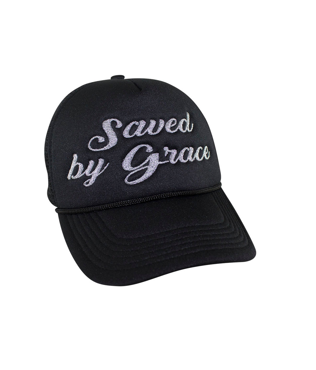 Saved by Grace Foam Trucker Hat, stylish hat with embroidered text on front, perfect for casual wear.