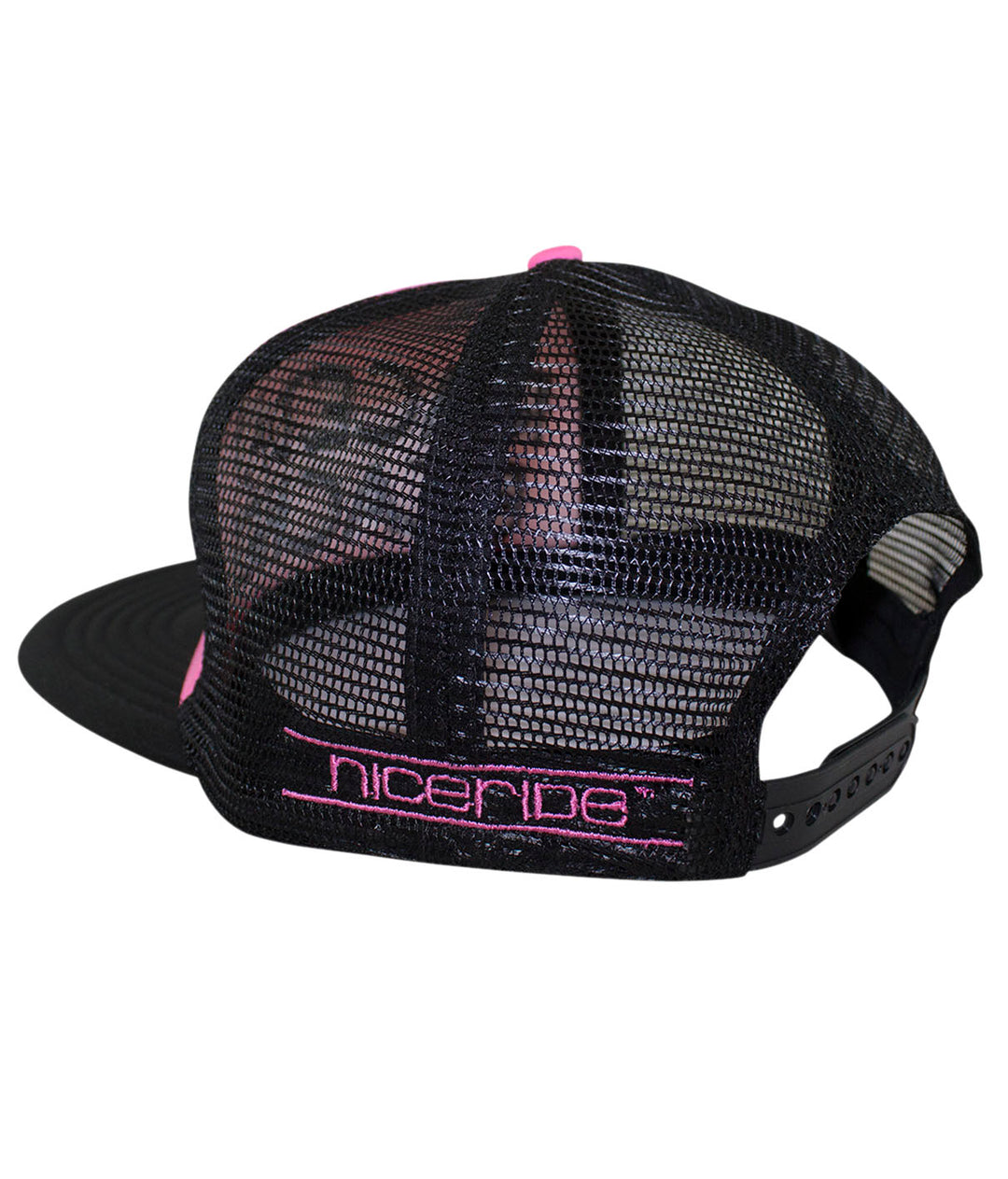 Back view of a District Foam Trucker Hat featuring NICERIDE embroidery, perfect for outdoor adventures and stylish wear.