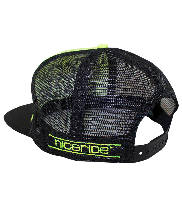 Back view of Raceday Beaches District Foam Trucker Hat showing NICERIDE embroidery and mesh design.