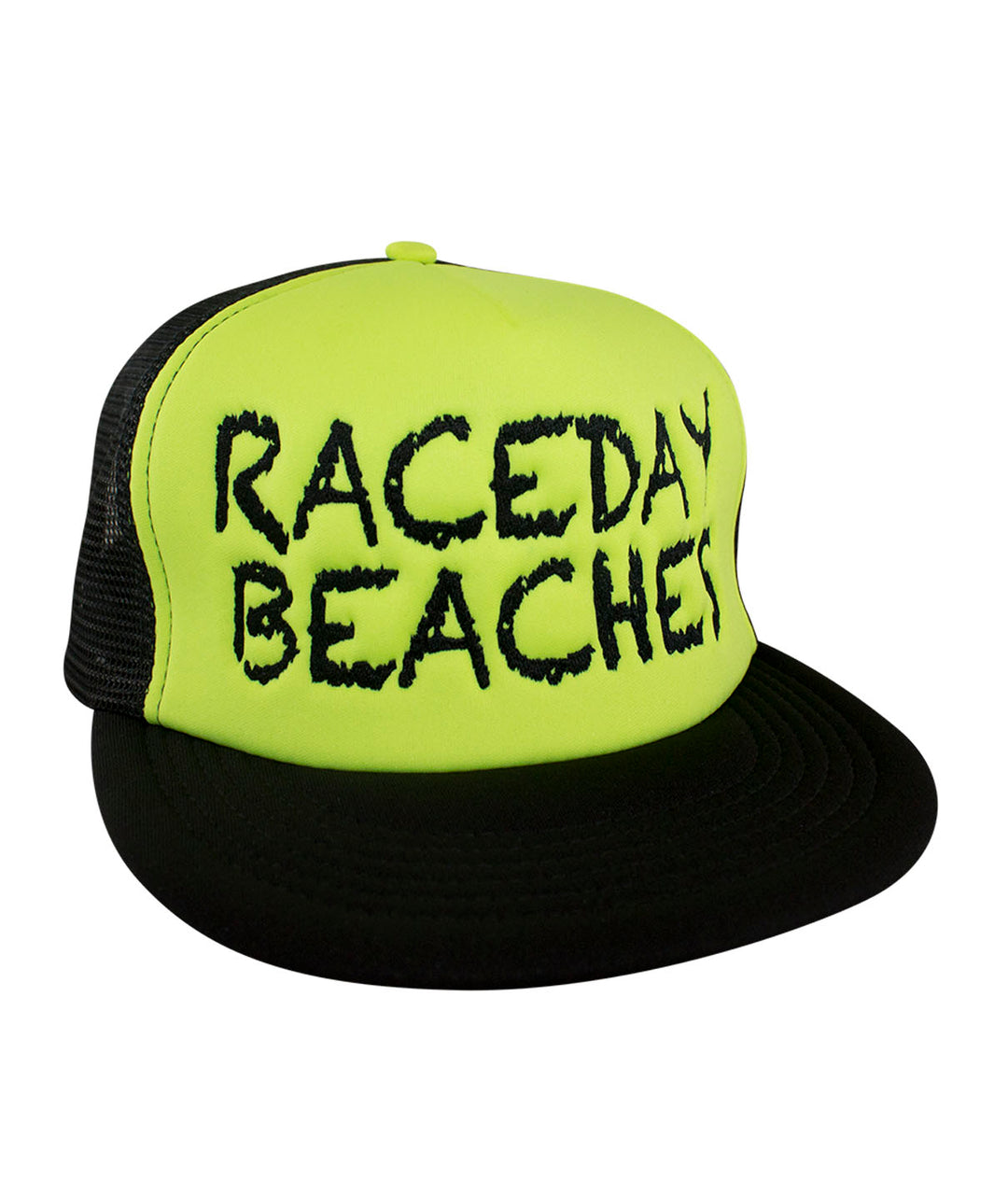 Raceday Beaches District Foam Trucker Hat in bright yellow with black mesh, featuring the word &