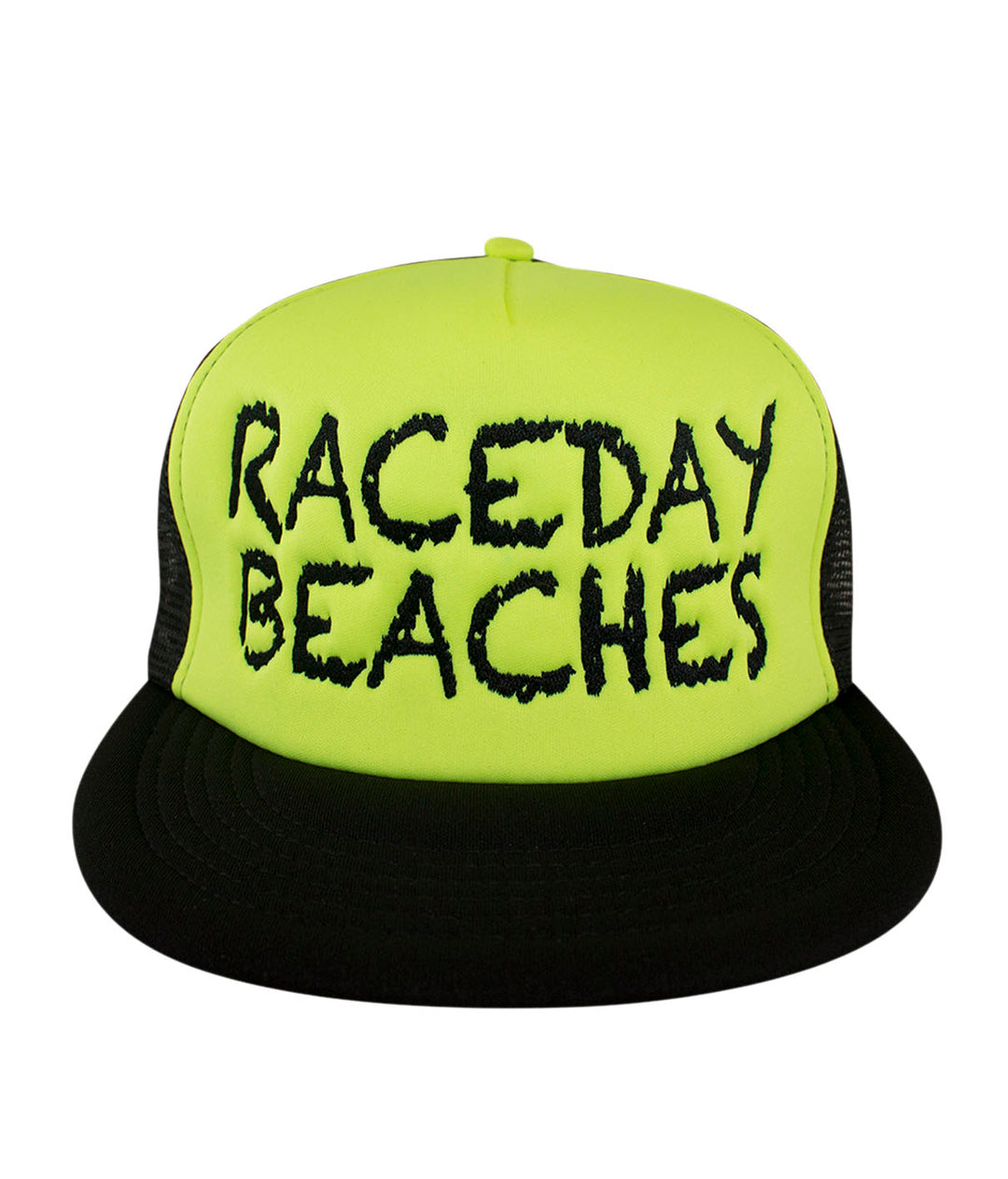 Raceday Beaches District Foam Trucker Hat in neon yellow and black with embroidered text.