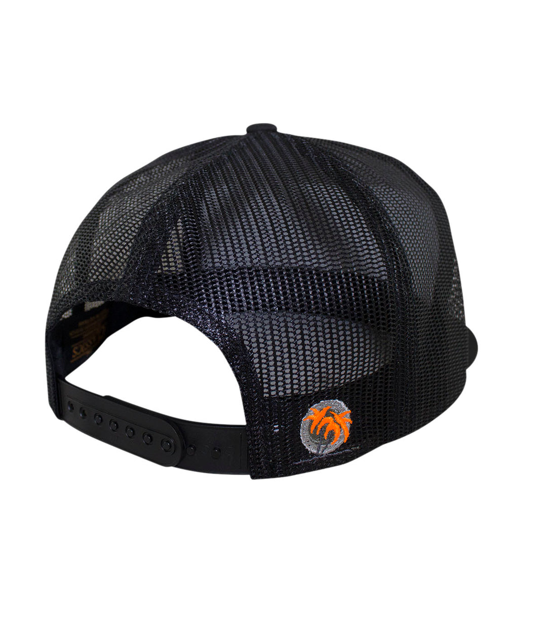 Back view of the Tower Patch Trucker Hat showcasing the black mesh design and palm logo detail.