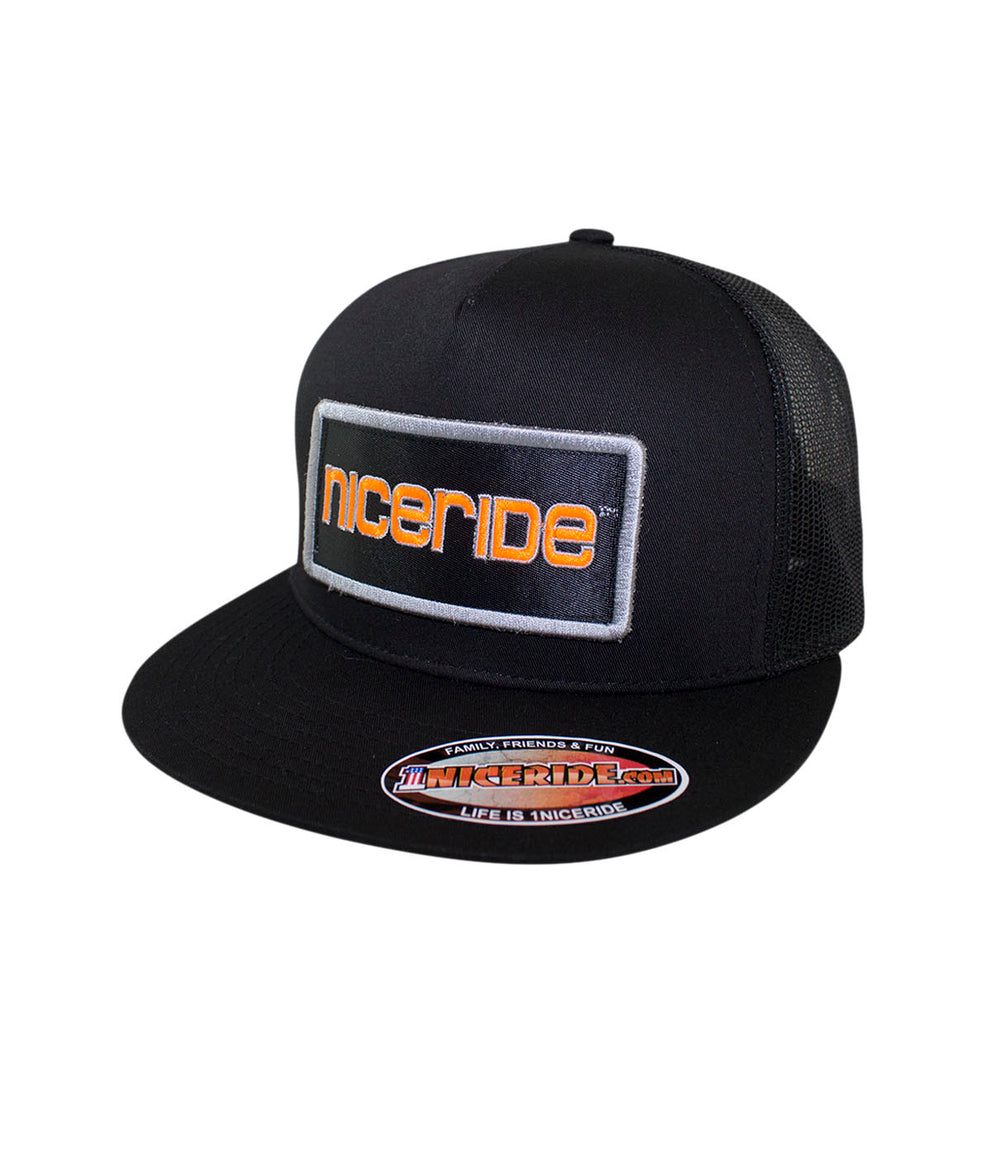 NICERIDE Tower Patch Trucker Hat, classic snapback baseball cap featuring embroidered logo, perfect casual accessory.
